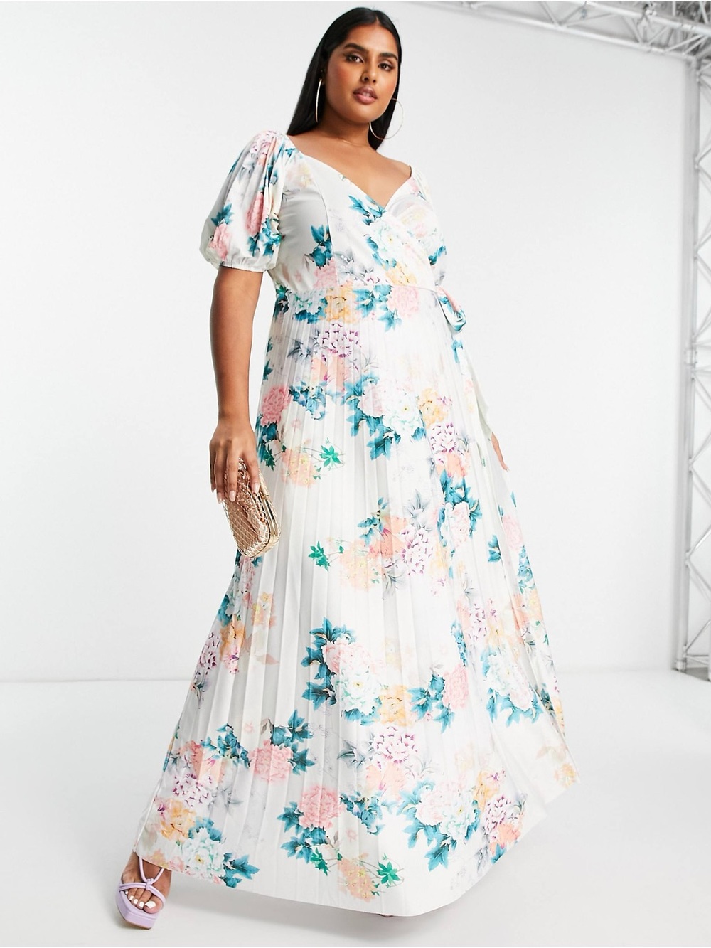 ASOS DESIGN || Puff Sleeve Maxi Wrap Dress with Pastel Floral Print. Sz. 14